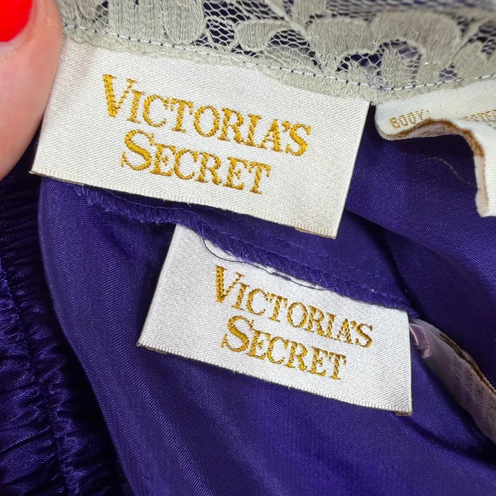 Victoria's Secret M Pajama Set Vintage Gold Label Purple Satin Lace Trim 2pc